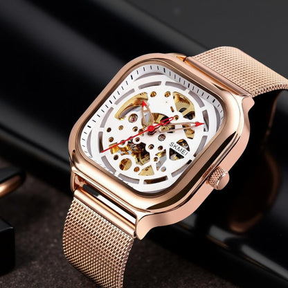 Skeleton Automatic Mechanical Watch for Men with Square Dial and Mesh Strap
