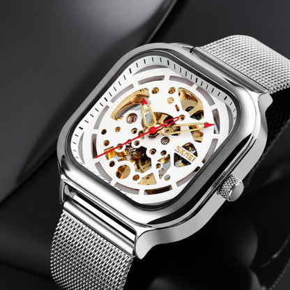Skeleton Automatic Mechanical Watch for Men with Square Dial and Mesh Strap