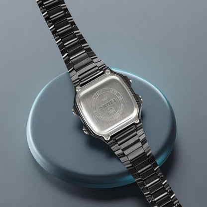 Premium Digital Watch for Men with Square Dial Dual Time Alarm Stopwatch and Metal Strap