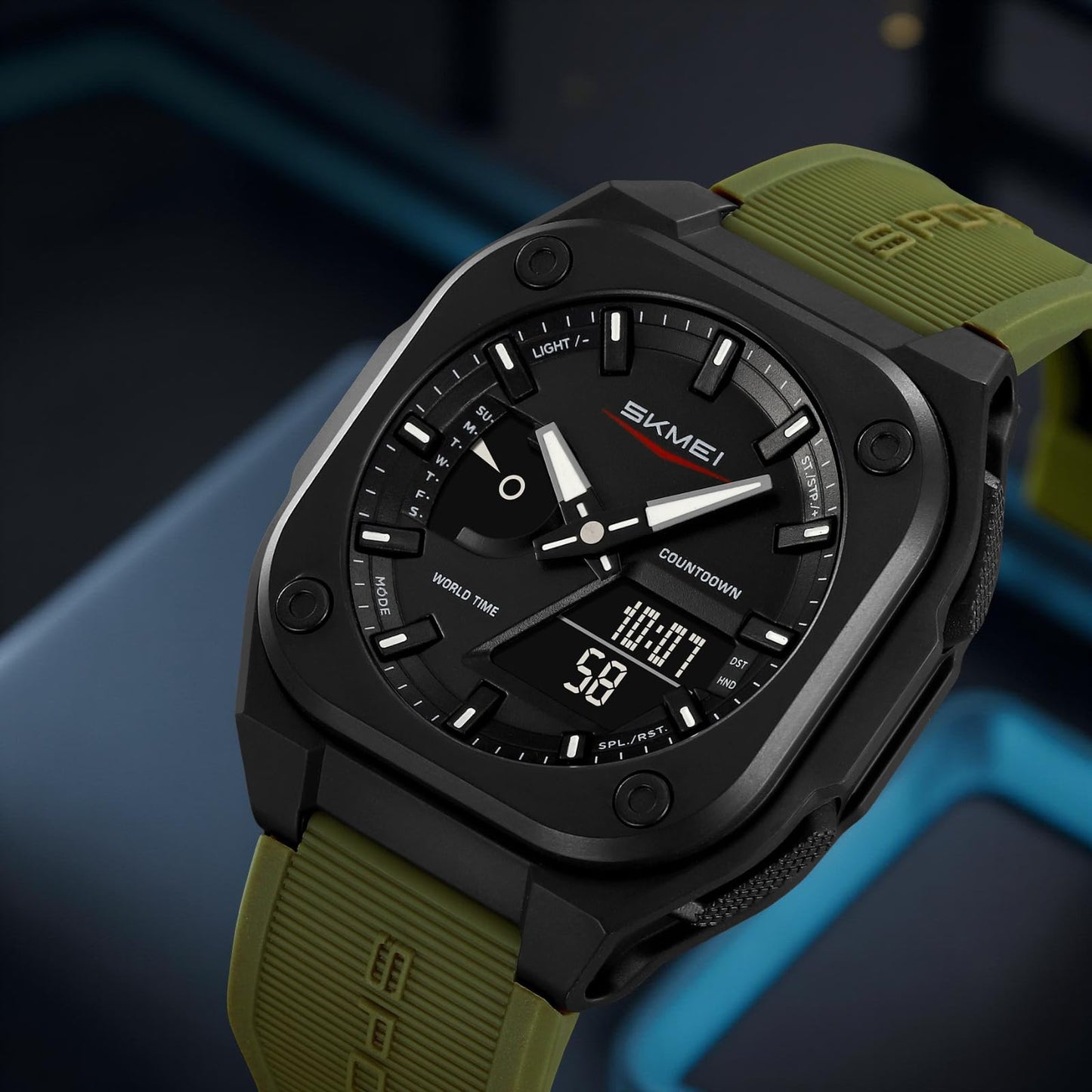 Rugged Analog Digital Sports Watch with Patterned Strap for men