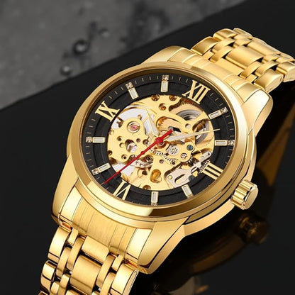 Luxury Skeleton Automatic Watch for Men Black Stainless Steel Strap, Blue Dial with Roman Numerals, Transparent Mechanical Design