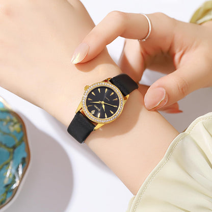 Elegant Crystal Dial Analog Wrist Watch with Leather Strap for women