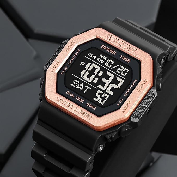 Stylish Digital Sports Watch for Men with Square Dial Dual Time Alarm Stopwatch Luminous Display and Durable Strap
