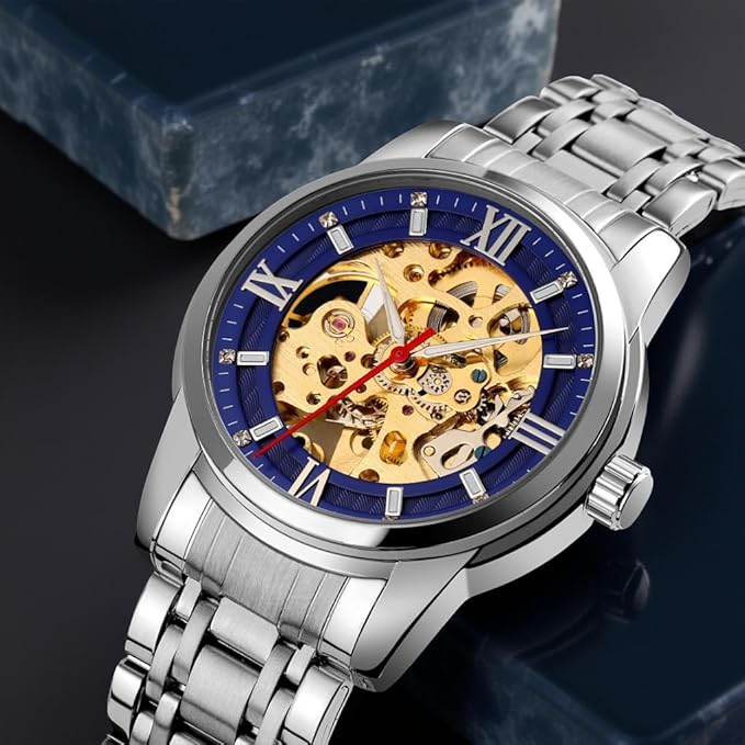 Luxury Skeleton Automatic Watch for Men Black Stainless Steel Strap, Blue Dial with Roman Numerals, Transparent Mechanical Design