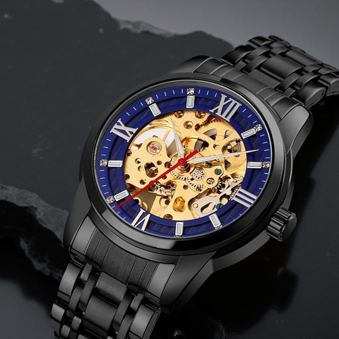 Luxury Skeleton Automatic Watch for Men Black Stainless Steel Strap, Blue Dial with Roman Numerals, Transparent Mechanical Design