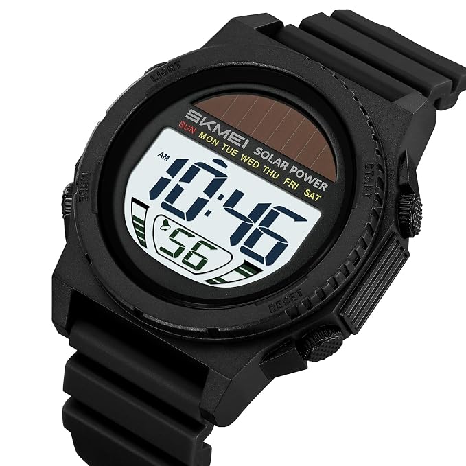 Solar Powered Digital Sports Watch with Silicone Strap for men