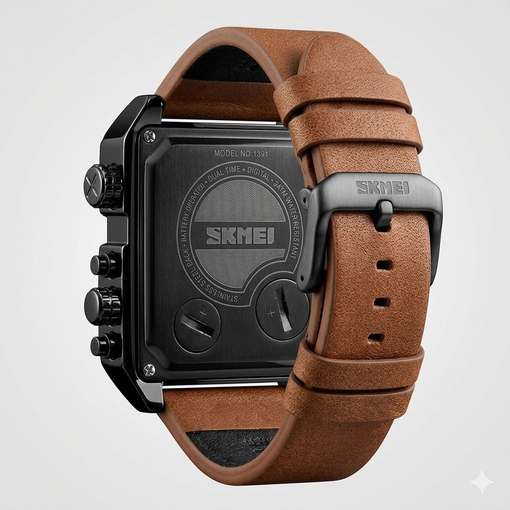Multi Display Analog Digital Wrist Watch with Leather Strap For Men