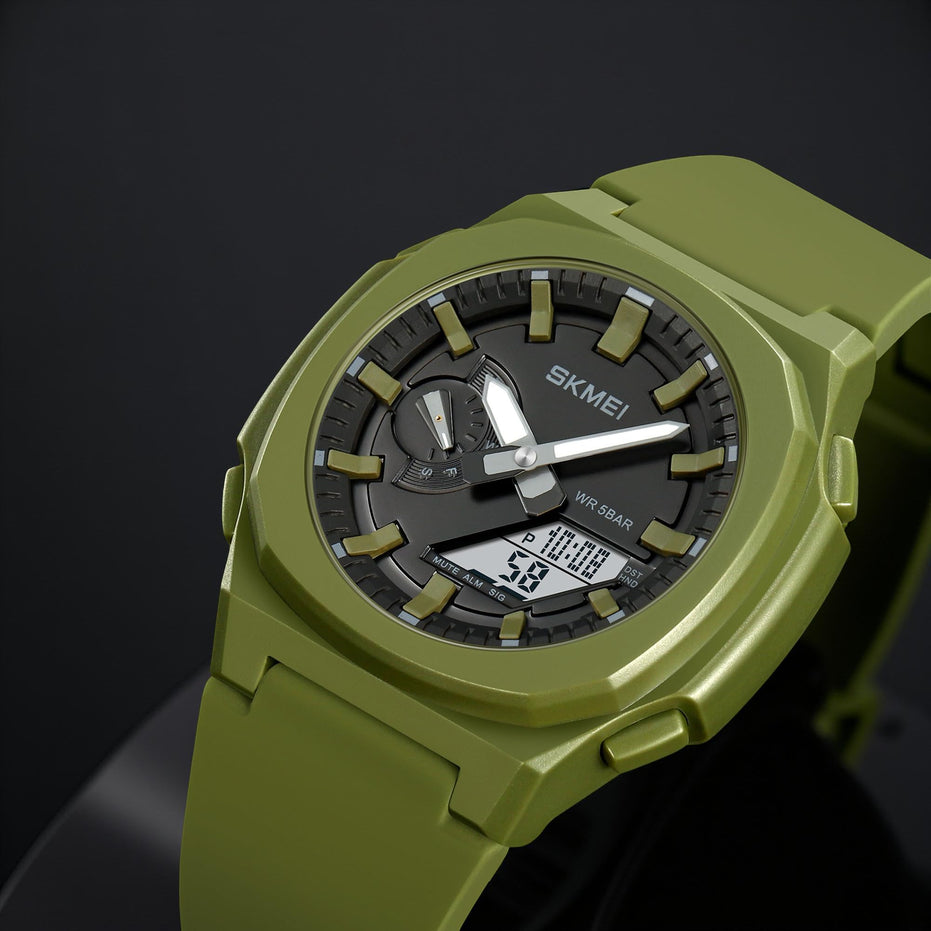 Analog-Digital Watch for Men with Army Green Silicone Strap and Round Dial for Casual & Formal Wear