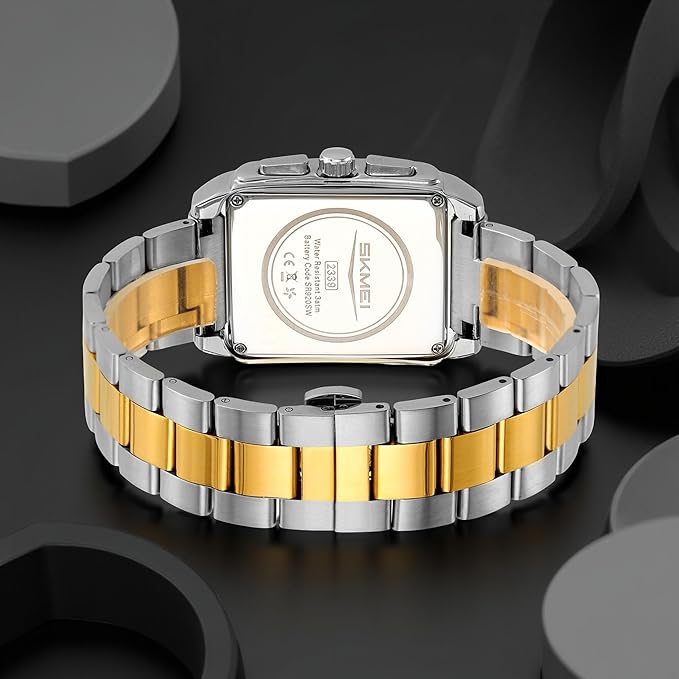Classic Rectangular Analog Wrist Watch with Date Display and Metal Strap for men