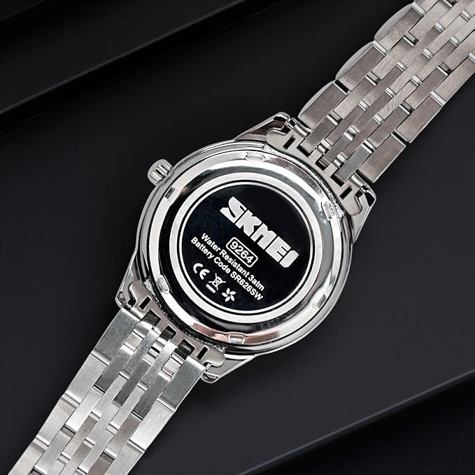 Minimalist Stainless Steel Watch with Date Week Display Simple dial Push-Button Clasp