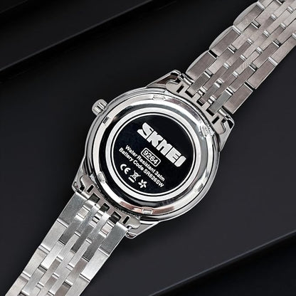 Minimalist Stainless Steel Watch with Date Week Display Simple dial Push-Button Clasp