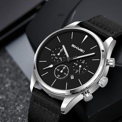 Classic Chronograph Style Analog Watch with Fabric Strap