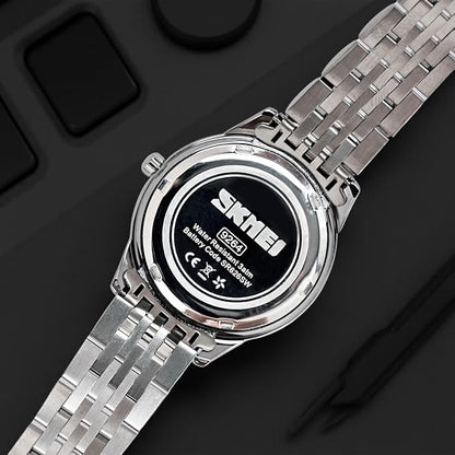Minimalist Stainless Steel Watch with Date Week Display Simple dial Push-Button Clasp