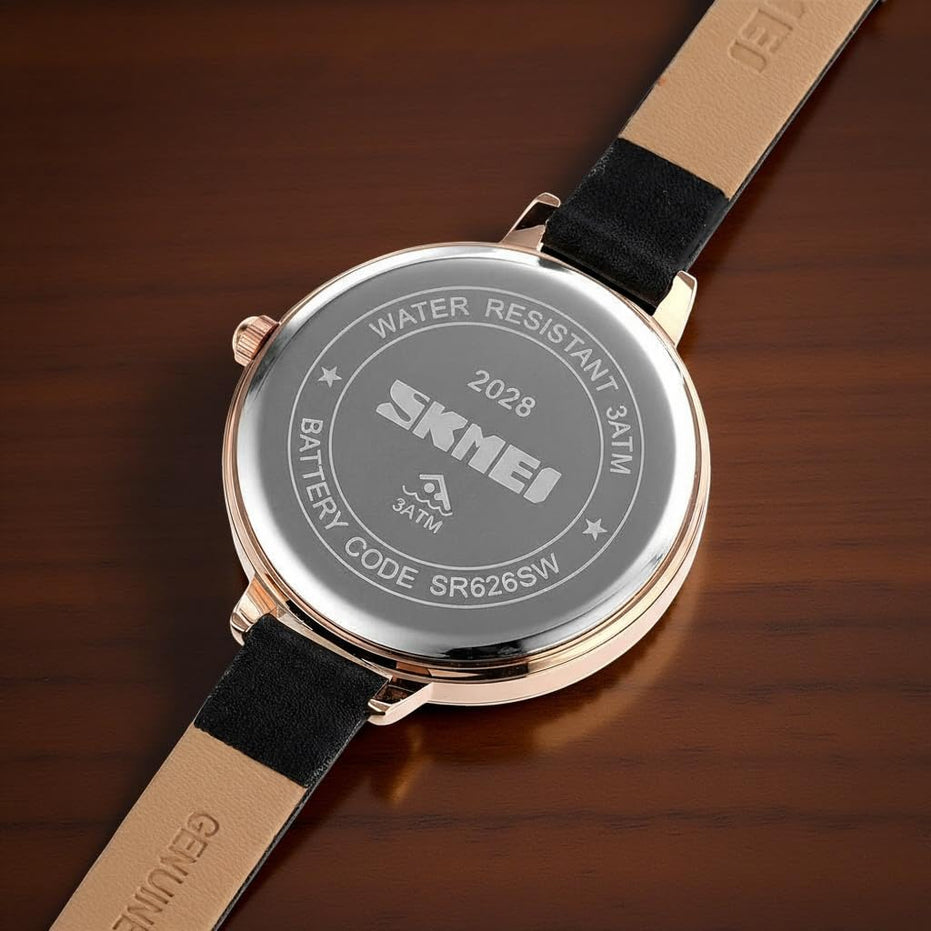 Analog Watch for Women with Black Leather Strap and Round Dial for Casual & Formal Wear