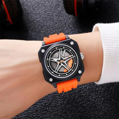 Silicone Men’s Analog Quartz Sports Watch Waterproof & Trendy Wheels Rolling Design