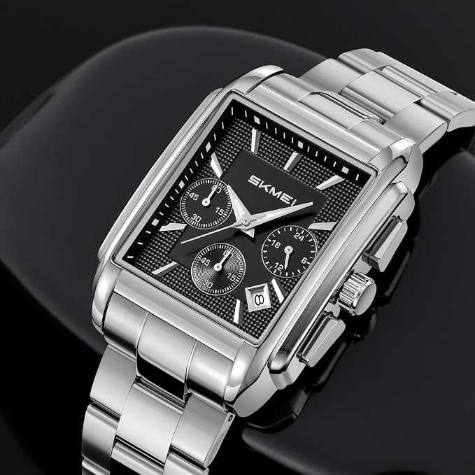 Classic Rectangular Analog Wrist Watch with Date Display and Metal Strap for men
