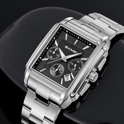Classic Rectangular Analog Wrist Watch with Date Display and Metal Strap for men