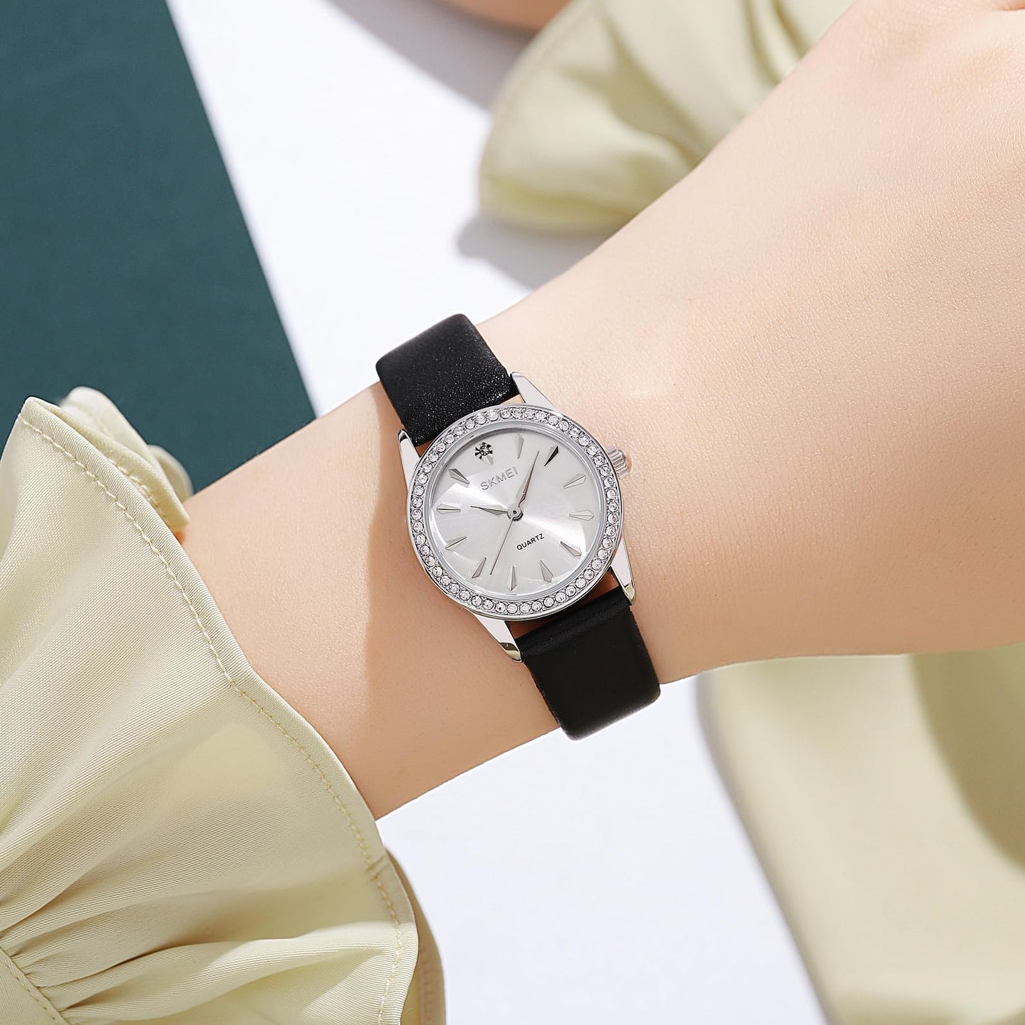 Elegant Crystal Dial Analog Wrist Watch with Leather Strap for women