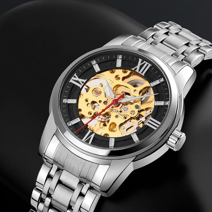Luxury Skeleton Automatic Watch for Men Black Stainless Steel Strap, Blue Dial with Roman Numerals, Transparent Mechanical Design