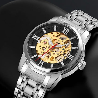 Luxury Skeleton Automatic Watch for Men Black Stainless Steel Strap, Blue Dial with Roman Numerals, Transparent Mechanical Design