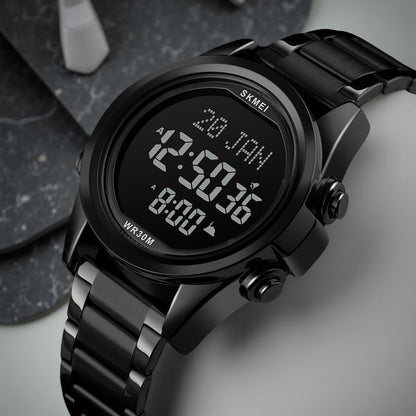 Digital Display White Dial Zinc Alloy Men's Stainless Steel Black Color Stylish Watch