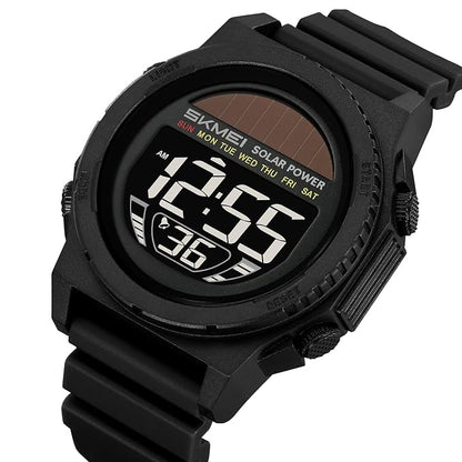 Solar Powered Digital Sports Watch with Silicone Strap for men