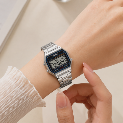Vintage Digital Wrist Watch with Metal Strap For Women