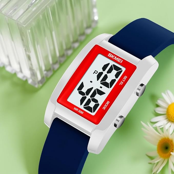Digital Watch for Men LED Display, Rectangle Dial, Waterproof Sports Watch with Silicone Strap