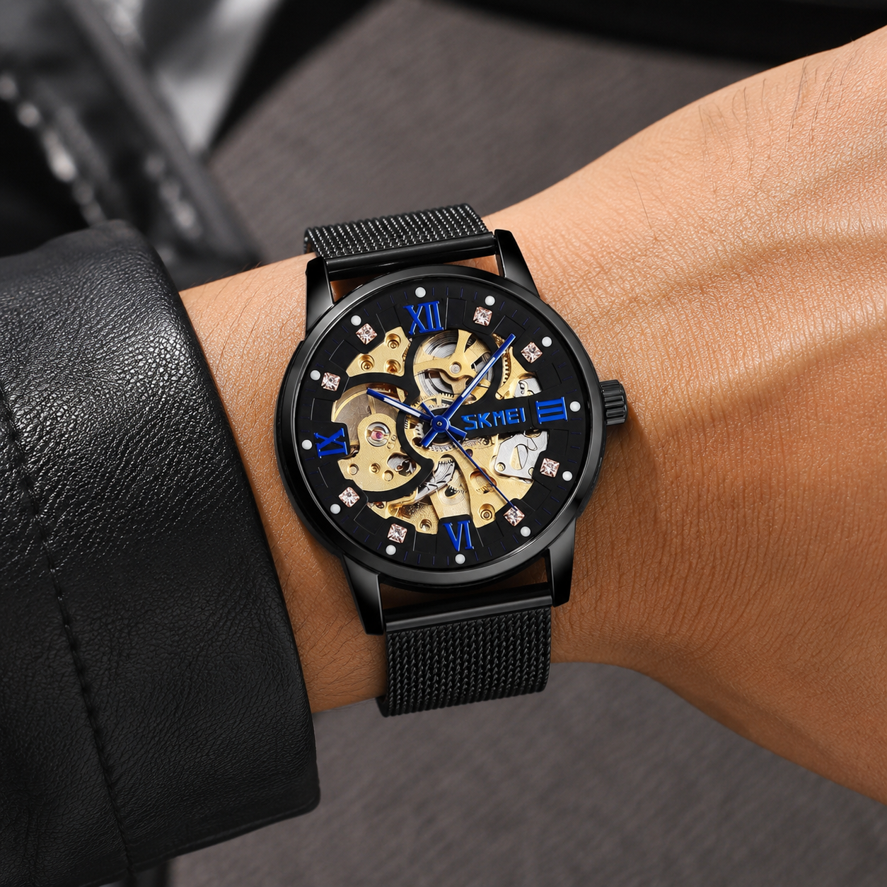 Elegant Skeleton Analog Wrist Watch with Mesh Strap For Men