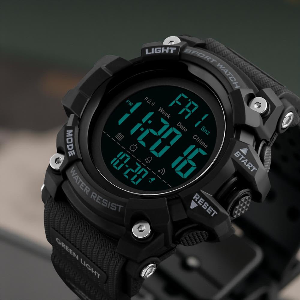 Rugged Digital Sports Watch for Men with Dual Time Display, Alarm, LED Light and Outdoor Style Strap