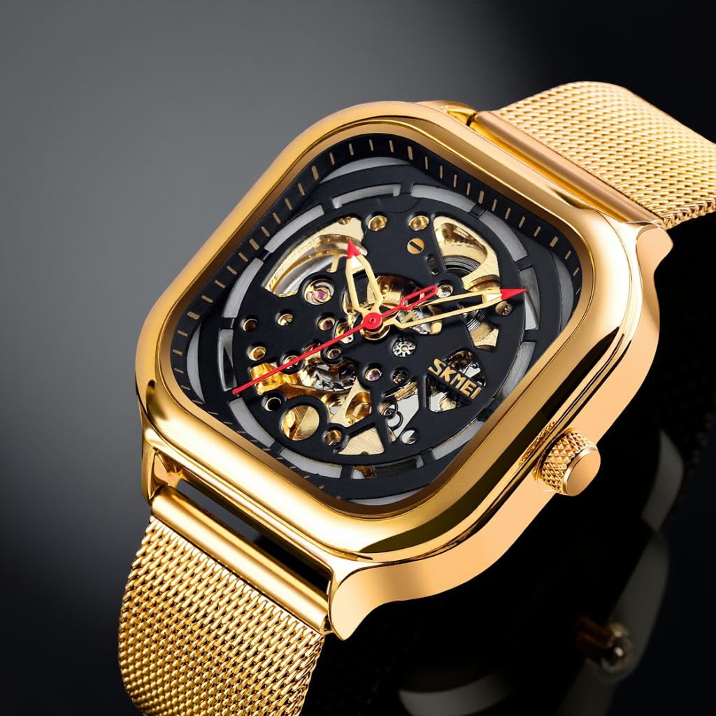 Skeleton Automatic Mechanical Watch for Men with Square Dial and Mesh Strap