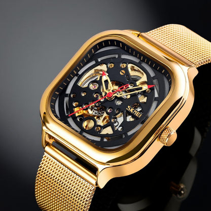 Skeleton Automatic Mechanical Watch for Men with Square Dial and Mesh Strap