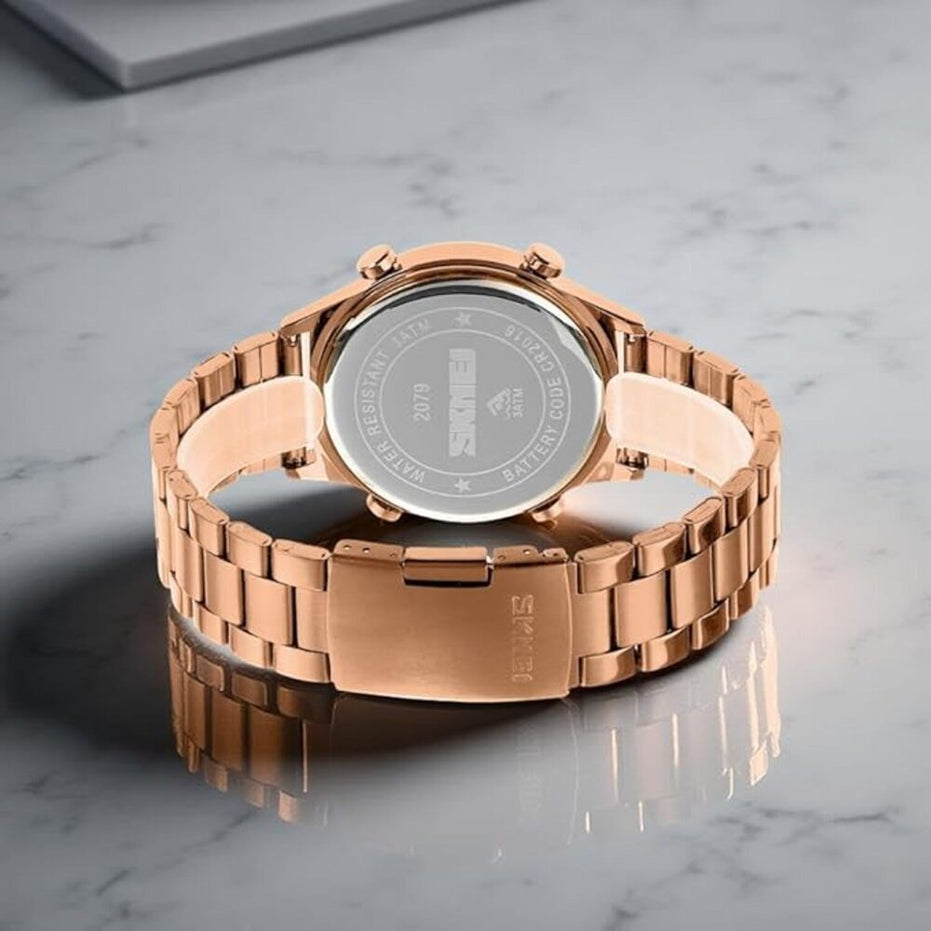 Digital Watch for Men with Rose Gold Leather Strap and Round Dial for Casual & Formal Wear