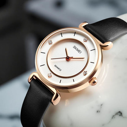 Elegant Analog Wrist Watch with Crystal Accents and Leather Strap For Women