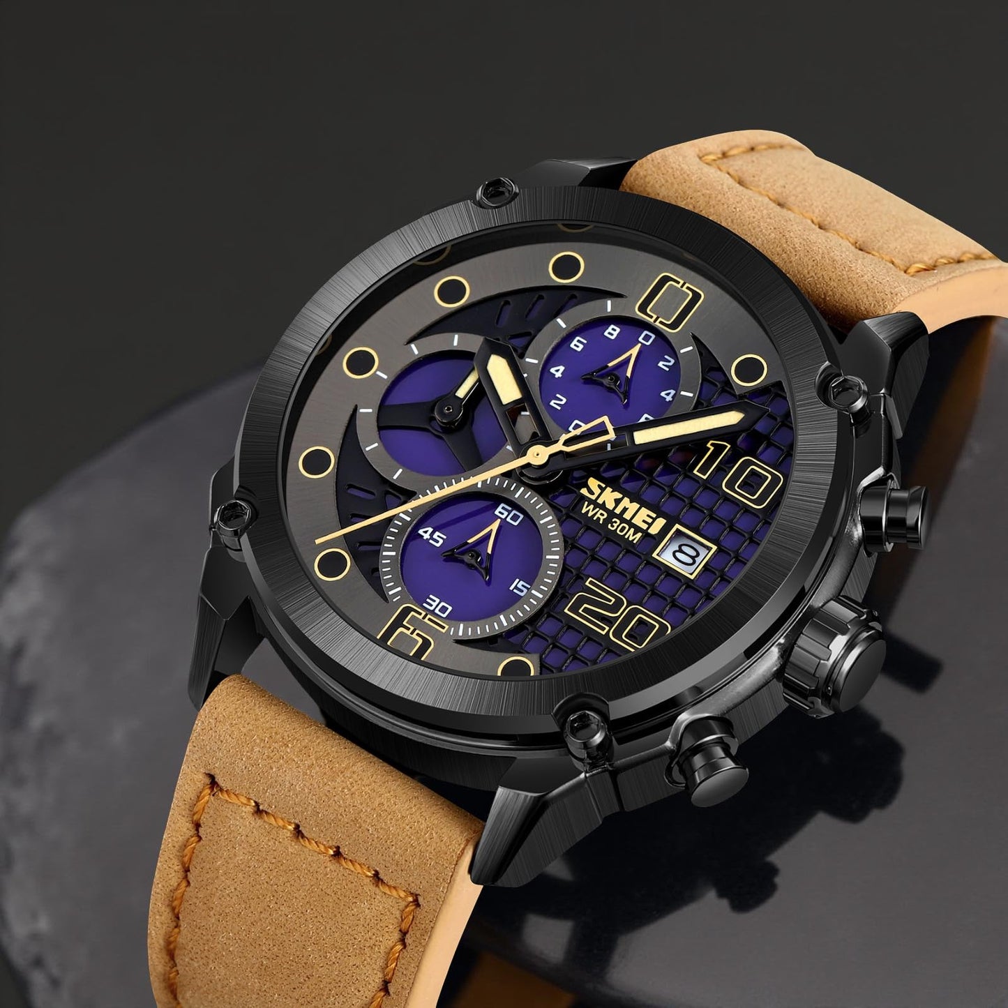 Premium Leather Chronograph Wristwatch with Textured Multi-Dial