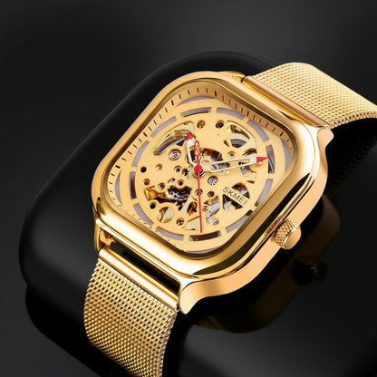 Skeleton Automatic Mechanical Watch for Men with Square Dial and Mesh Strap