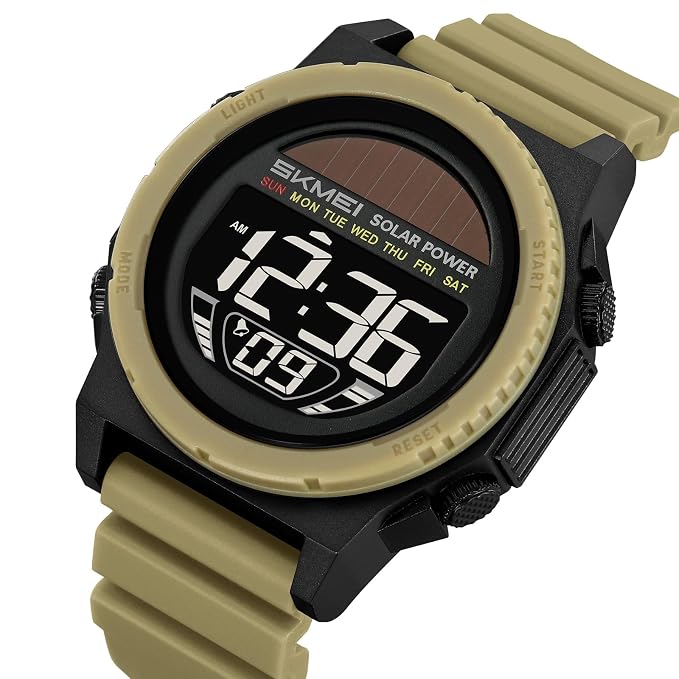 Solar Powered Digital Sports Watch with Silicone Strap for men