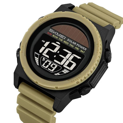 Solar Powered Digital Sports Watch with Silicone Strap for men