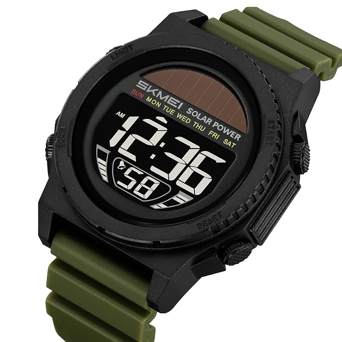 Solar Powered Digital Sports Watch with Silicone Strap for men