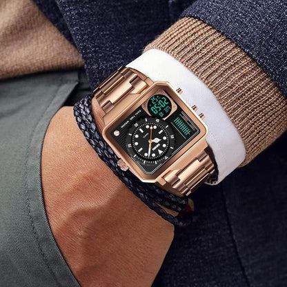 Dual Display Square Dial Wrist Watch with Metal Strap For Men