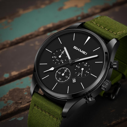 Classic Chronograph Style Analog Watch with Fabric Strap