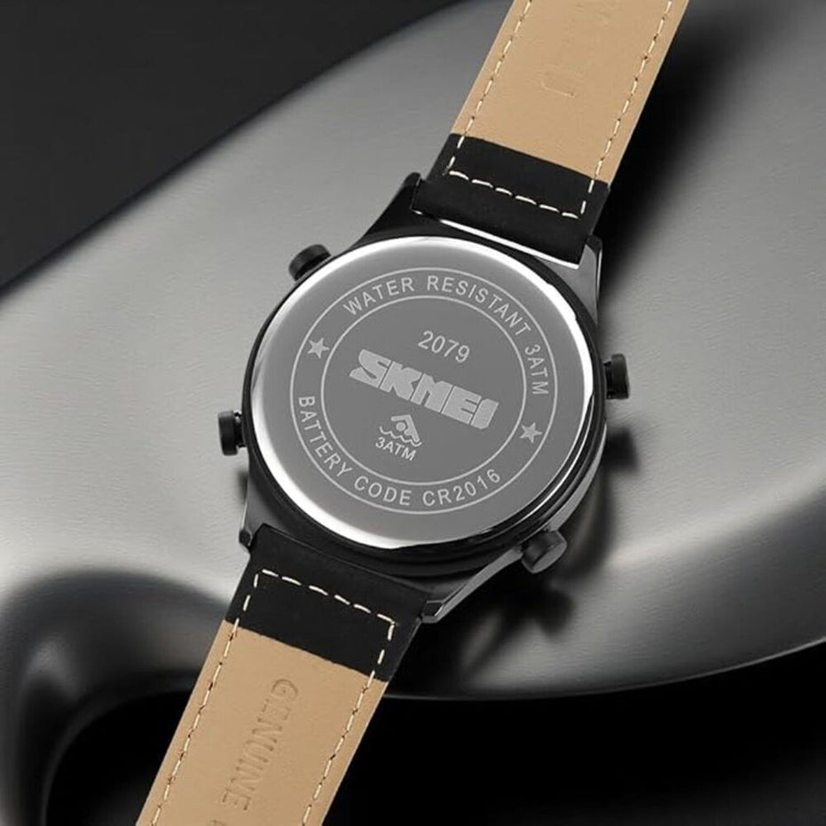 Digital Watch for Men with Black Leather Strap and Round Dial for Casual & Formal Wear