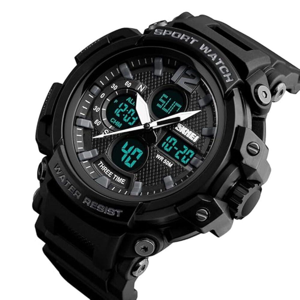 Rugged Dual Display Sports Wrist Watch with Resin Strap For Men