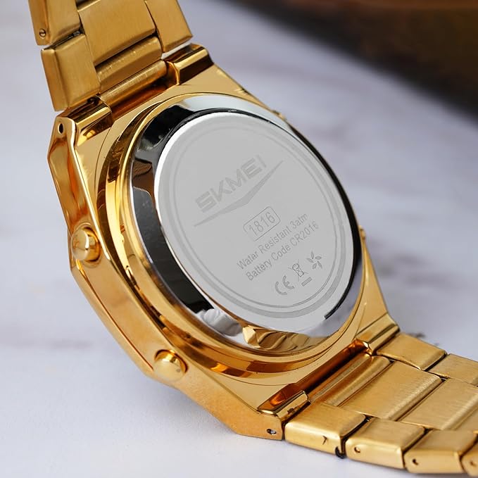 Analog-Digital Watch for Men with Gold Metal Strap and Round Dial for Casual & Formal Wear