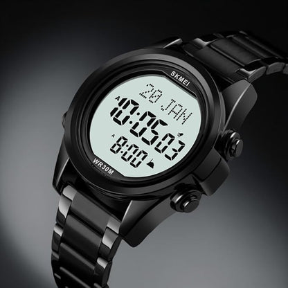 Digital Display White Dial Zinc Alloy Men's Stainless Steel Black Color Stylish Watch