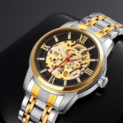 Luxury Skeleton Automatic Watch for Men Black Stainless Steel Strap, Blue Dial with Roman Numerals, Transparent Mechanical Design