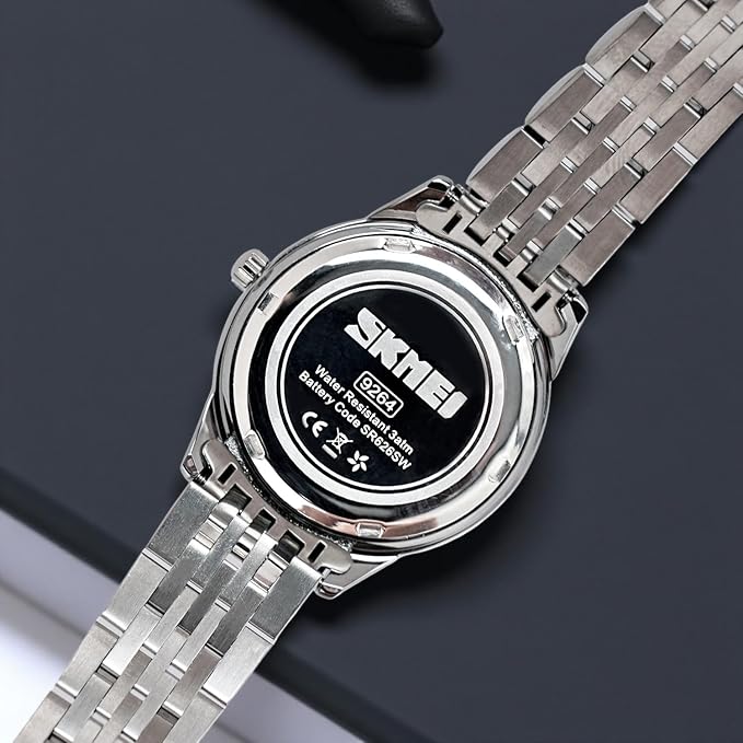 Minimalist Stainless Steel Watch with Date Week Display Simple dial Push-Button Clasp