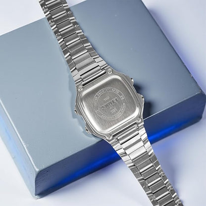 Premium Digital Watch for Men with Square Dial Dual Time Alarm Stopwatch and Metal Strap