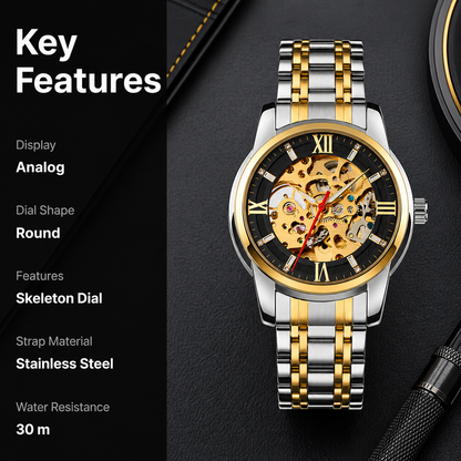 Luxury Skeleton Automatic Watch for Men Black Stainless Steel Strap, Blue Dial with Roman Numerals, Transparent Mechanical Design
