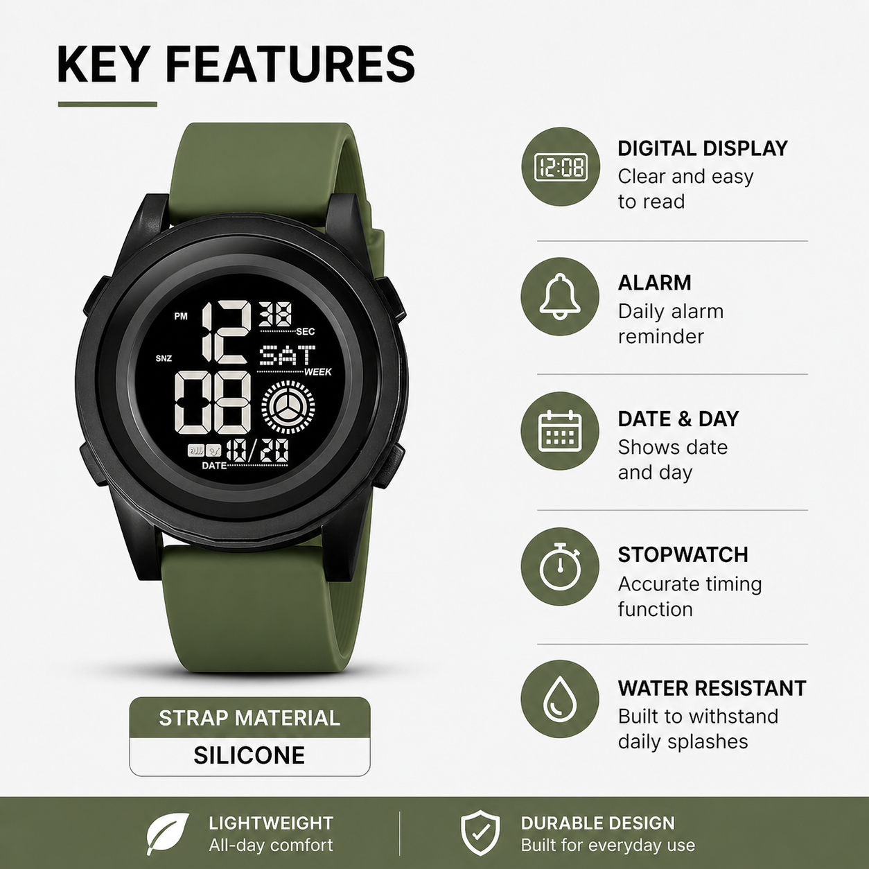 Rugged Digital Sports Wristwatch with Flexible Strap for men
